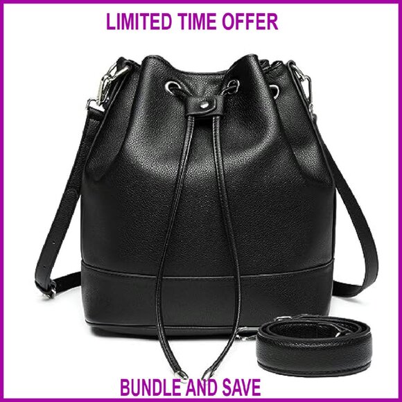 Leather Bucket Bag with Drawstring Closure and 2 Detachable Straps - Picture 2 of 8